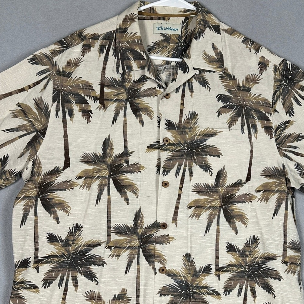Caribbean 100% Silk Shirt Men Large Palm Tree Beige Brown Button-Up Short Sleeve